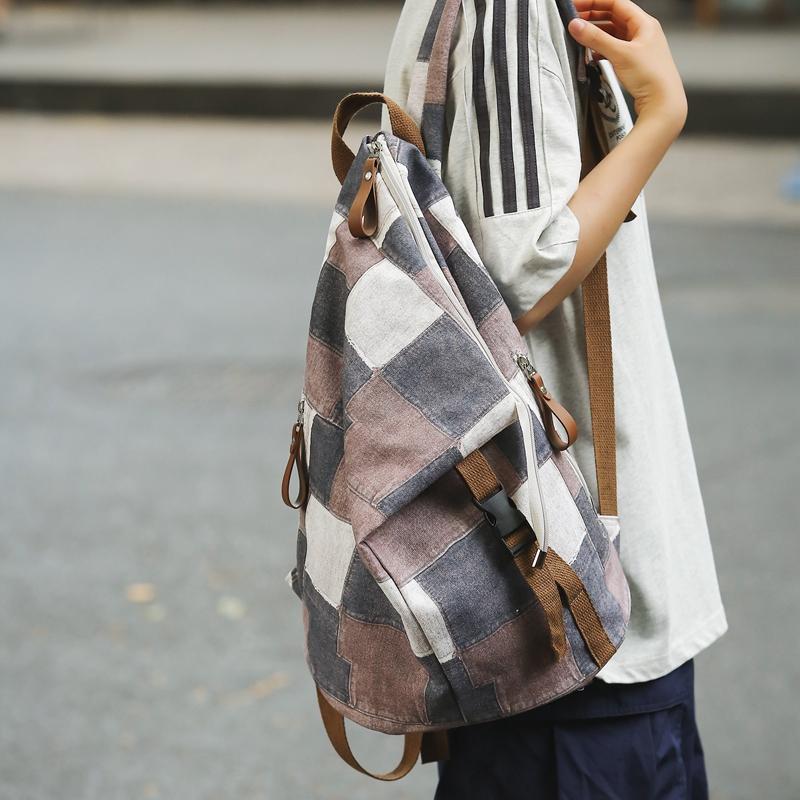 Джинсовый женский рюкзак с цветными блоками, мужские клетчатые рюкзаки, большая вместительная сумка на плечо, студенческая школьная сумка