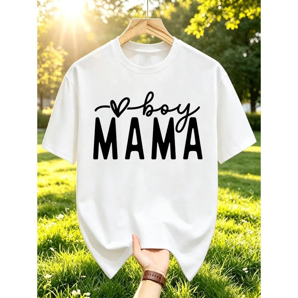Мужская базовая футболка с круглым вырезом из хлопка с принтом "Boy Mama" (мальчик/мама). Дышащая летняя спортивная одежда.