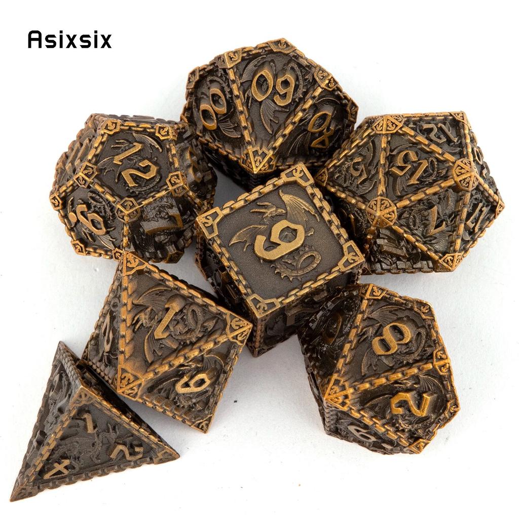 7 Pcs Yellow Dragon Metal Dice Solid Metal Polyhedral Dice Set Suitable for Role-Playing RPG  Board Game Card Game