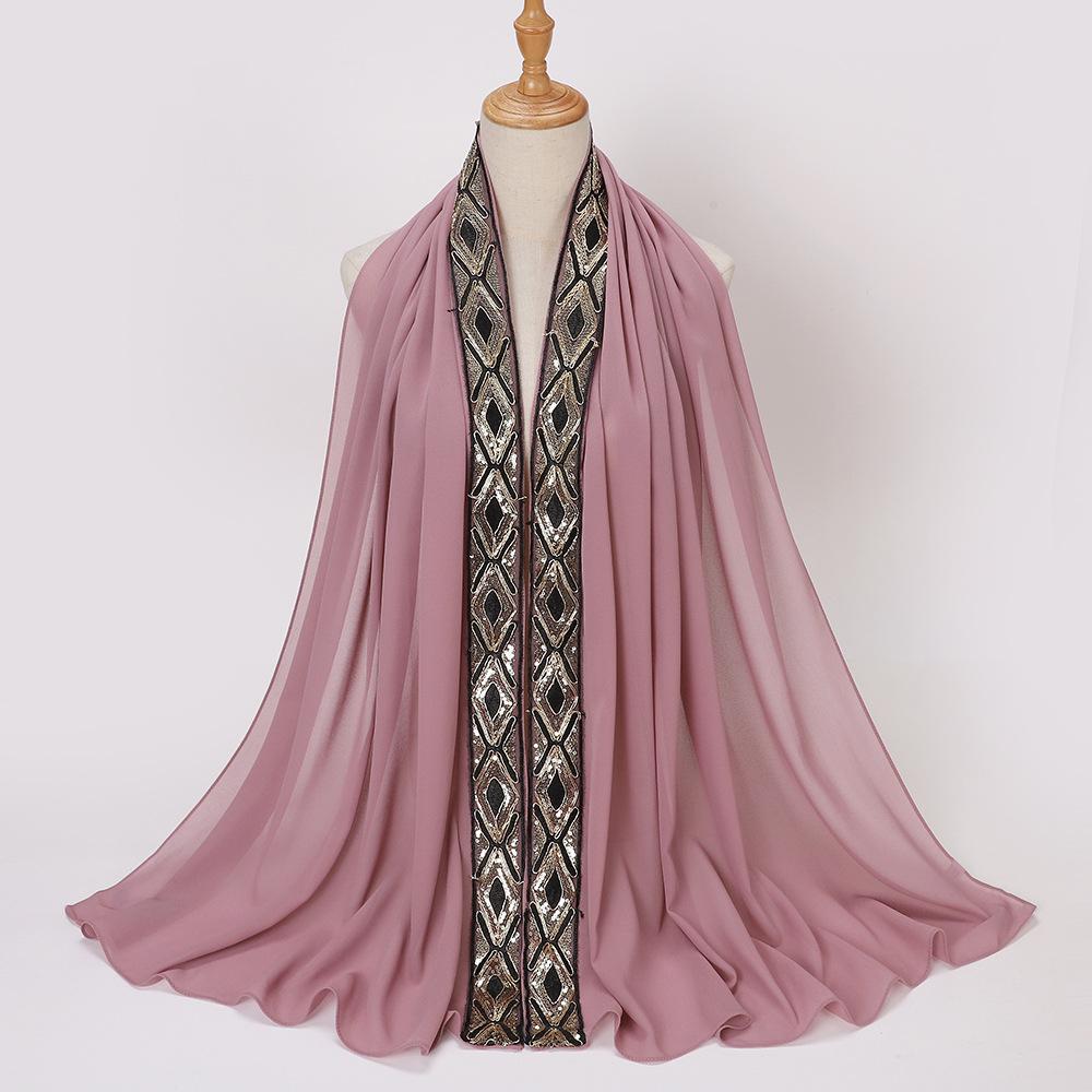 New Pearl Chiffon Embroidered Sequins Decorative Wrap Headscarf, Malaysia Indonesia Fashion Lace Ladies Scarf