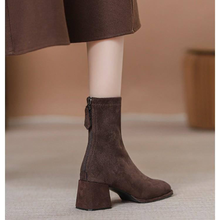 Versatile temperament French suede high-heeled short boots women's autumn and winter new thick heel square head elastic thin boots