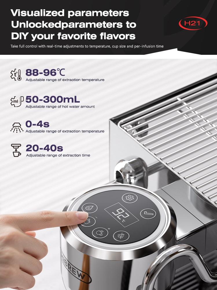 HiBREW H21 Профессиональная эспрессо-кофемашина, PID-контроль температуры, 3-бойлерная система, резервуар для воды 1,8 л, Кофемашина для капучино и латте