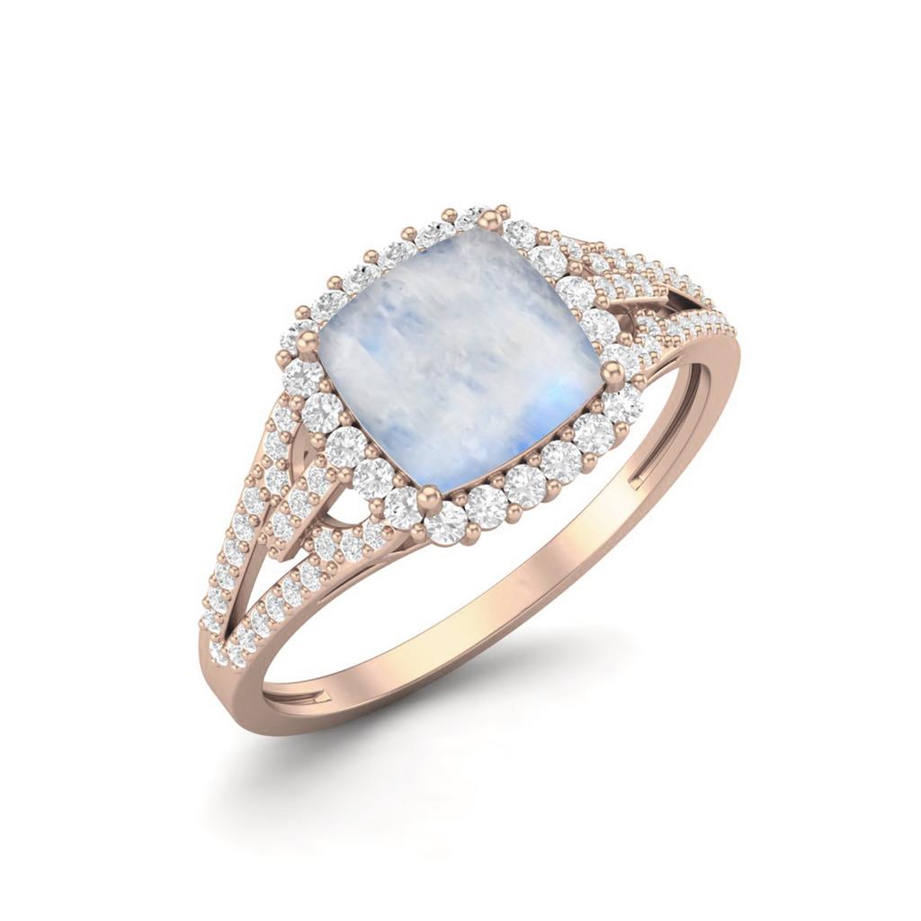 Серебро 925 пробы с позолотой розовым золотом 3,82 карата Форма cushion Лунный камень Одиночный камень с акцентом Свадебное женское кольцо