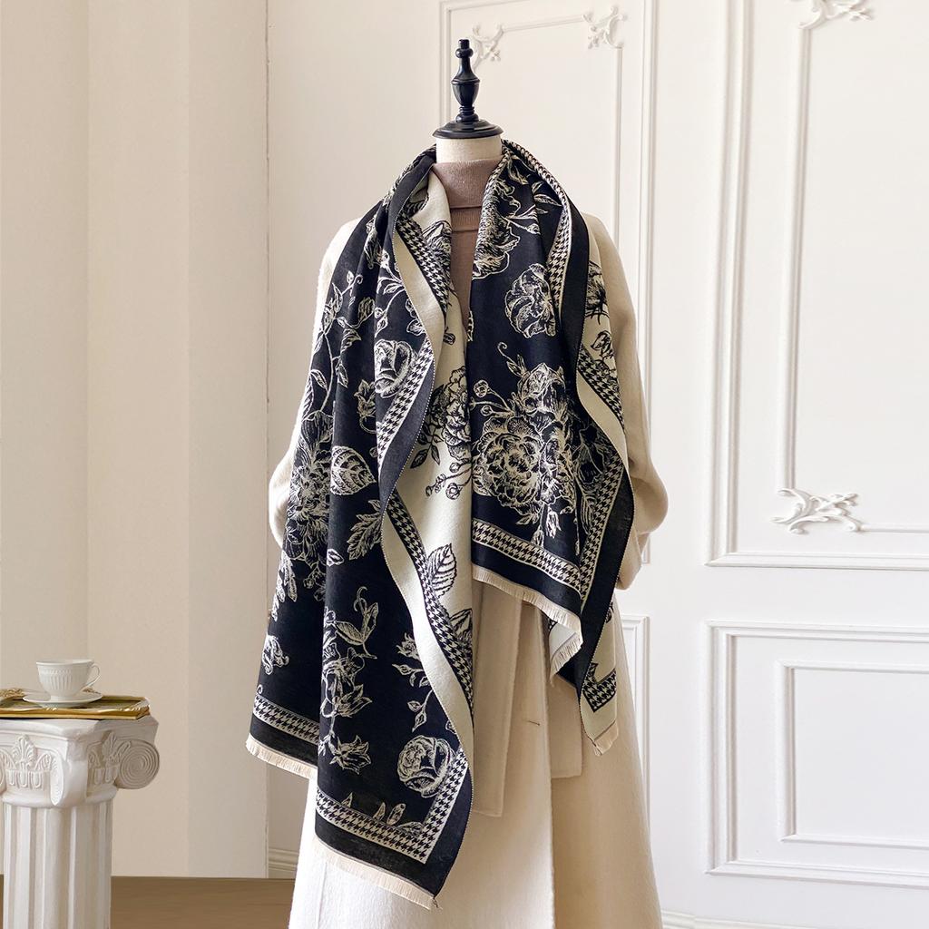 Flower Print Imitation Cashmere Thickened Women'S Scarf Autumn And Winter Flower Animal Exterior Temperament Shawl