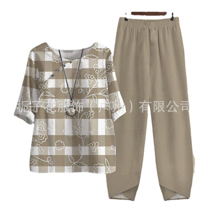 Europe beautiful women casual suit popular fashion summer new five-quarter sleeve printed top pants two-piece set