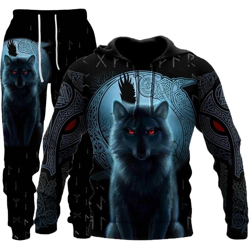 Новый свитер с капюшоном Wolf, 3D-печатный костюм со штанами, мужской осенний повседневный свитшот, мужской спортивный костюм, модный мужской костюм