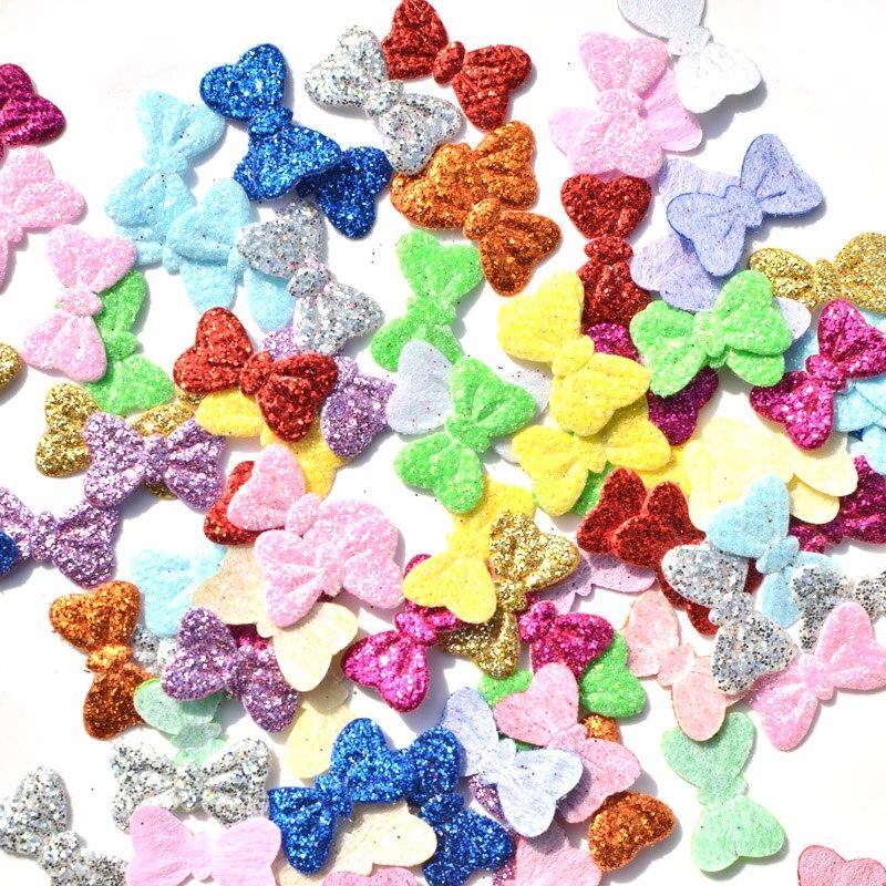100Pcs Mixed Colors Glitter Nonwoven Bowknot Felt Fabric Patch DIY Cloth Appliques/Craft Wedding Decoration