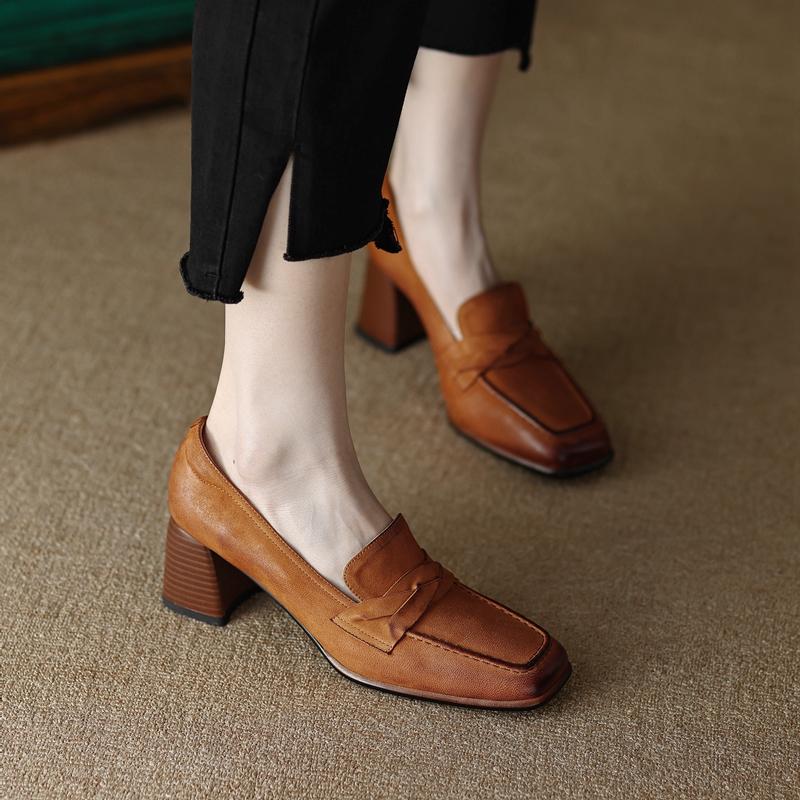 2024 Spring/Autumn Women Loafers Square Toe Chunky Heel Women Shoes NEW Genuine Leather Shoes Women Casual Retro Pumps for Women