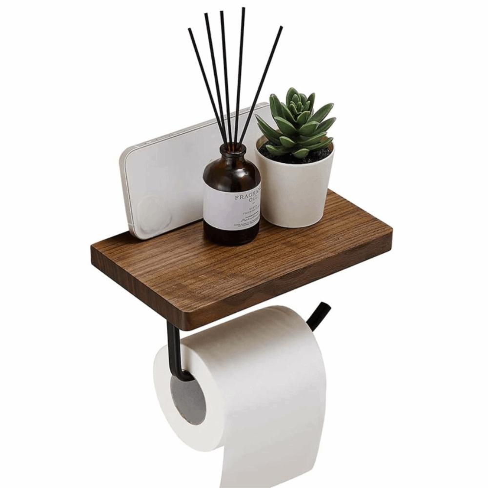 Natural Walnut Wooden Toilet Paper Holder Wall-Mounted Phone Holder Shelf Home