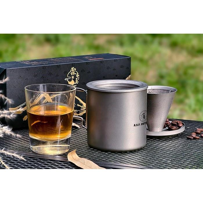 A.S.F. OUTDOOR Titanium Double-Wall Mug Set - CHAHI - 500ml with Lid, Coffee Dripper, Tea Strainer, Stackable, Silver, 9cm x 9.45cm