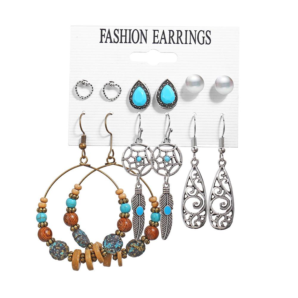 6 Pairs Of Earrings Alloy Creative Retro Style Feather Earrings Stud Set