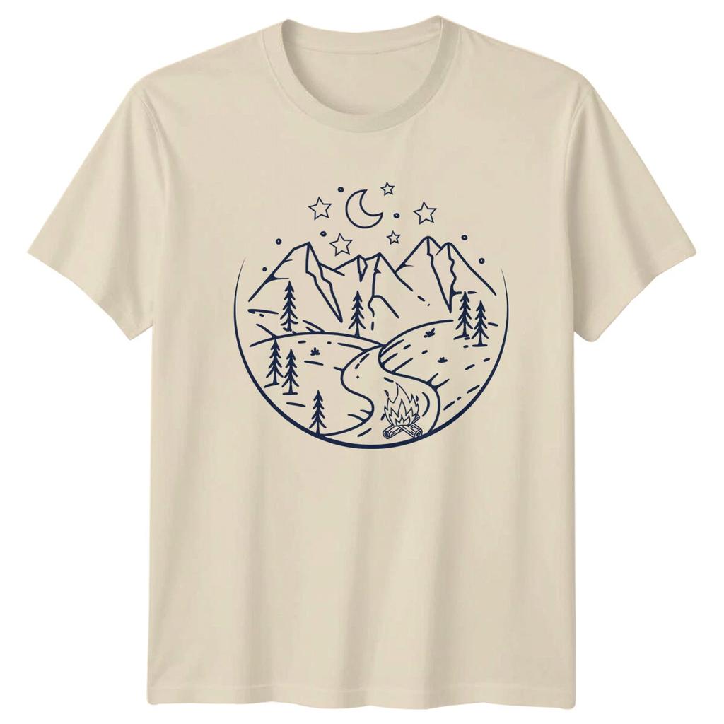 Camping Trip Scene Art T-Shirt, Mountain, Forest, River, Stars