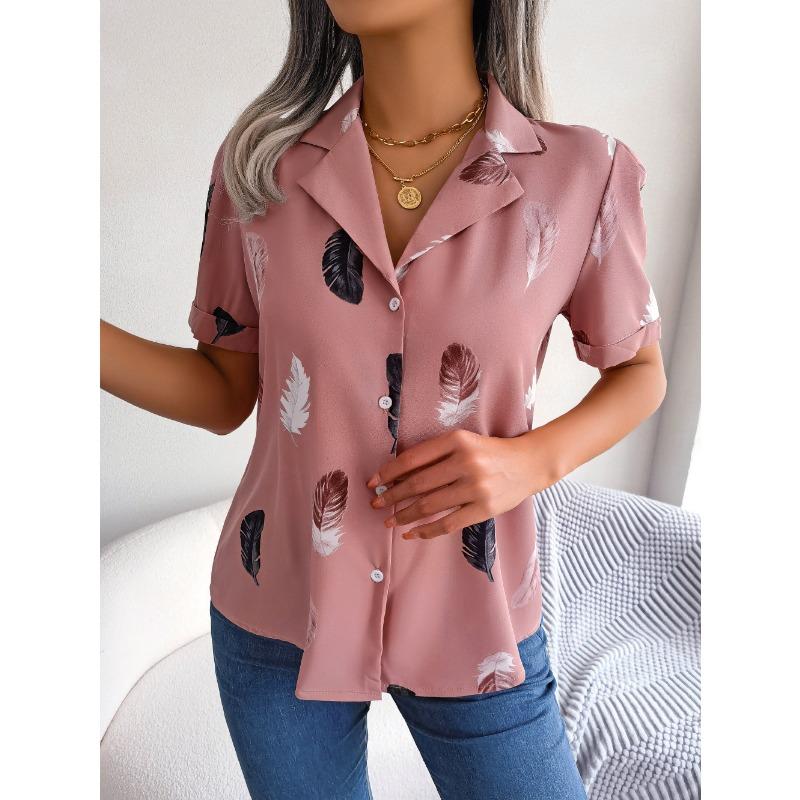 VEZFAA Женская мода повседневная летняя весна перо принт короткий рукав воротник поло блузки и рубашки