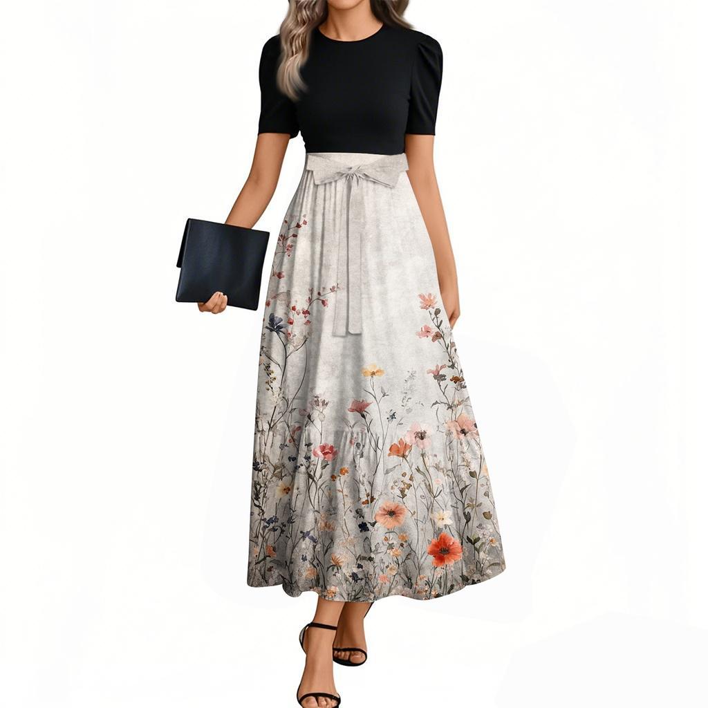 Женское модное повседневное платье с коротким рукавом и круглым вырезом с цветочной вышивкой, элегантное, темпераментное