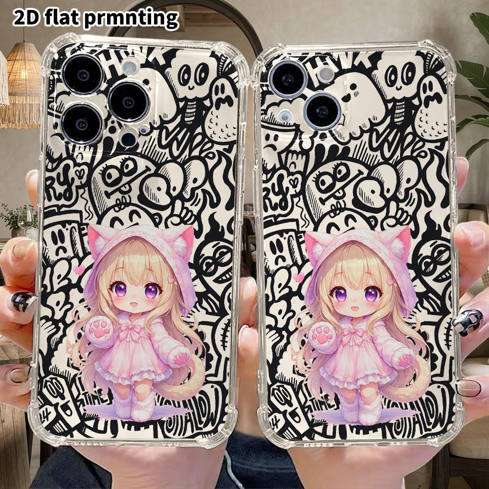 Phone case: 2D flat suitable for iPhone 18 17 16 15 14 13 Pro, transparent four corner protective case, cat ear girl, Christmas and Halloween gift