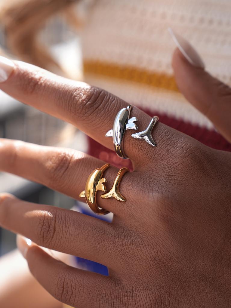 Exquisite Dolphin Design Stainless Steel Ring 18K Gold Plated Waterproof High Quality Ladies Zircon For Daily Wear Vacation Etc