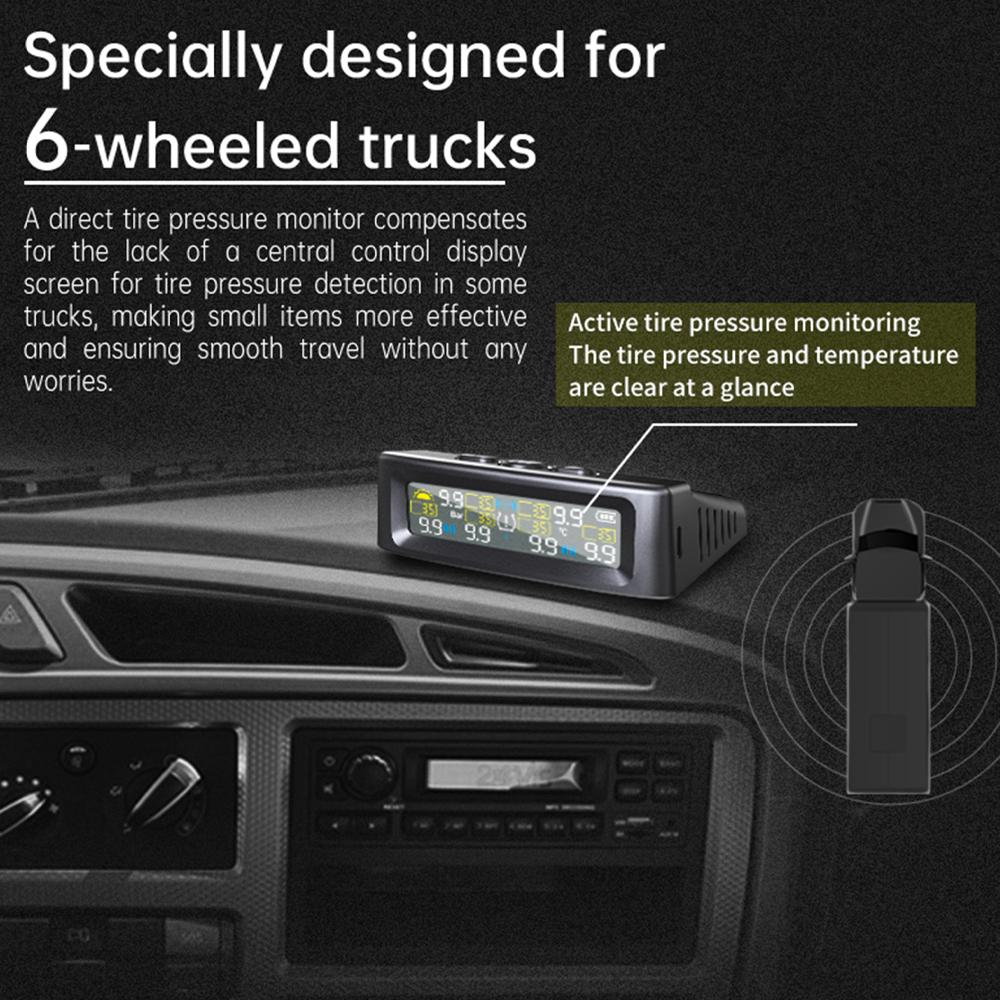 6-Wheel Solar TPMS Car Tire Pressure Alarm with 6 External Sensors Waterproof Digital Tyre Pressure Temperature Warning for Truck RV Van Tractor