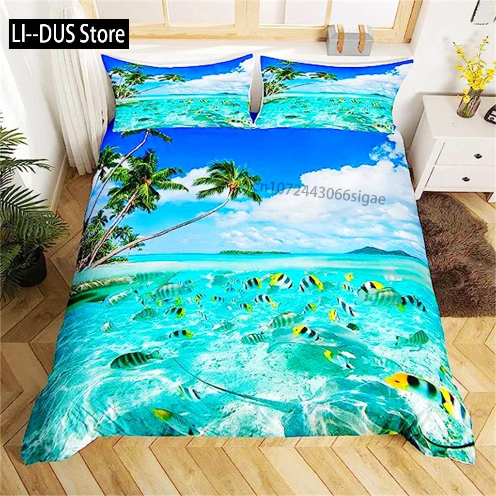 Blue Ocean Duvet Cover Waves Bedding Set Hawaiian Tripocal Sea Wave Sea Beach Bedding Comforter Cover Microfiber For Women Men