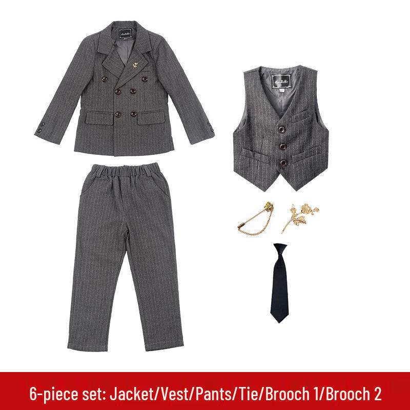 British Style Double-Breasted Boys' Three-Piece Striped Suit Set for Spring and Autumn