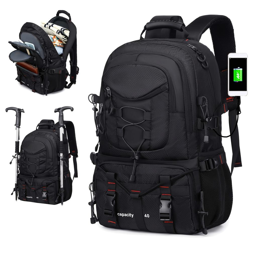 Lightweight 10.57gal Travel & Hiking Backpack with USB Charging Port, Adjustable Straps, Durable Polyester, Fits 17-inch Laptop