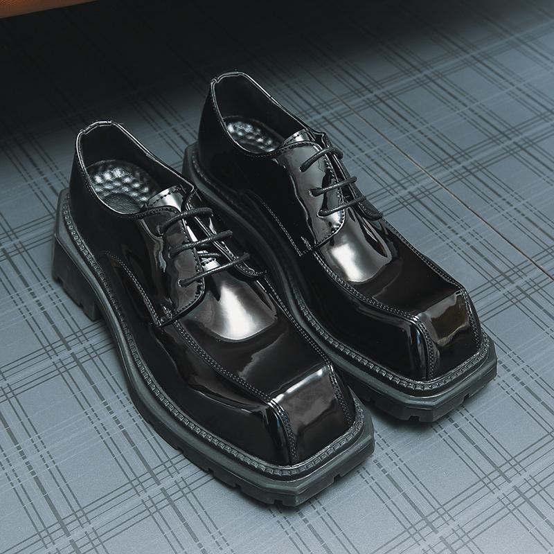 Мужские черные повседневные туфли дерби с толстой подошвой и квадратным носком, модные лакированные оригинальные кожаные туфли, роскошные деловые мужские туфли
