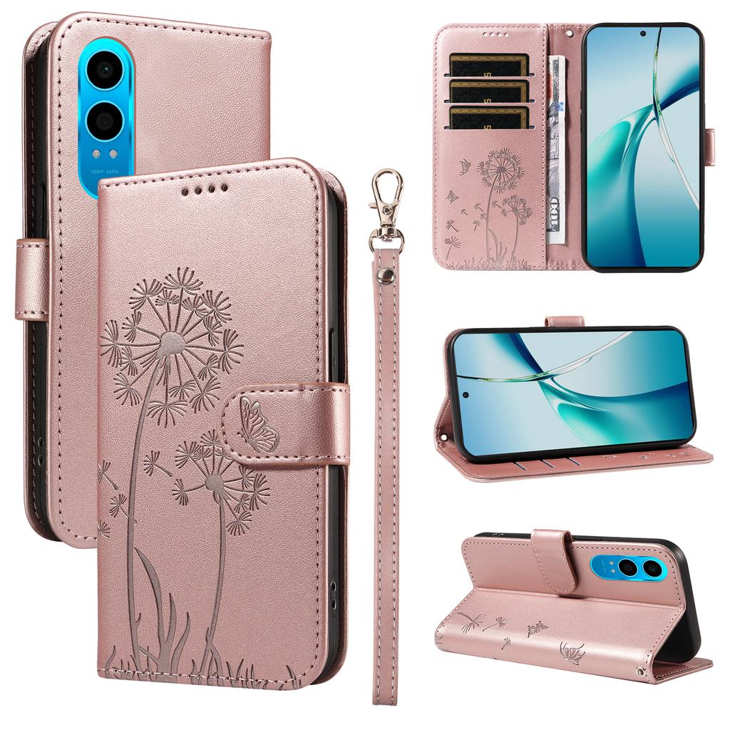 For Oppo K12x 5G (China)/OnePlus Nord CE4 Lite 5G Leather Wallet Case with Strap Dandelion Imprint Phone Stand Cover