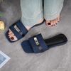 Internet Celebrity Explosion 2025 Summer New Women's Shoes Flat Bottom Bright Diamond Square Buckle Open Toe Cool Slippers Women Wear Home
