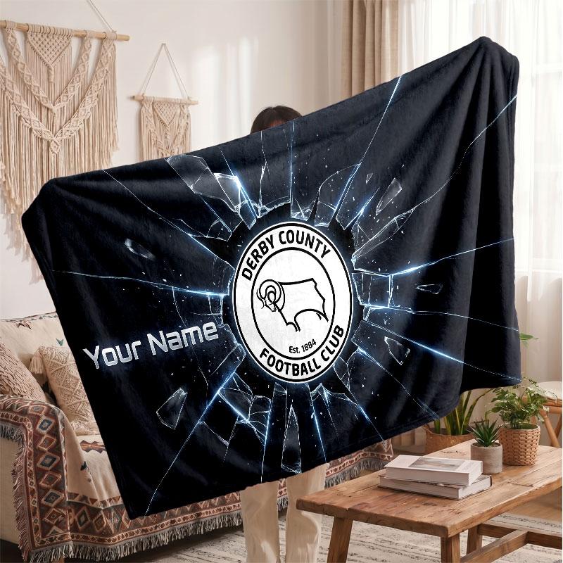 Derby County Personalized Fleece Blanket With Football Logo, Custom Name Text Soft Warm Home Throw Blanket