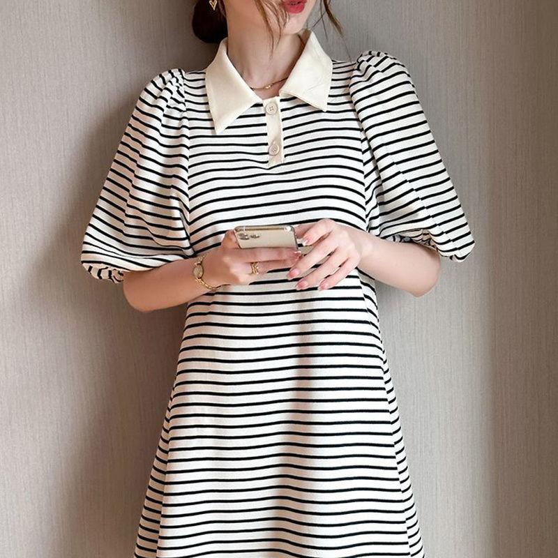 Модные повседневные платья с лацканами и милыми рукавами-фонариками, женская летняя свободная универсальная одежда с короткими рукавами