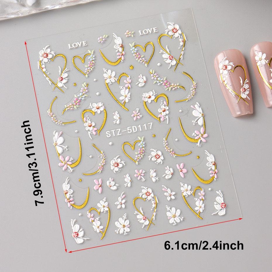 5D тисненые слайдеры Kawaii Floral Gold Line с весенними белыми цветами, наклейки для ногтей, лепестки, свадебные наклейки для ногтей, аксессуары