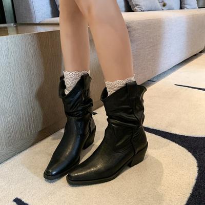 Женские полусапоги Дизайнерские плиссированные кожаные сапоги Массивный каблук Сапоги в западном ковбойском стиле Остроносые ботинки челси для женщин Сапоги рыцаря