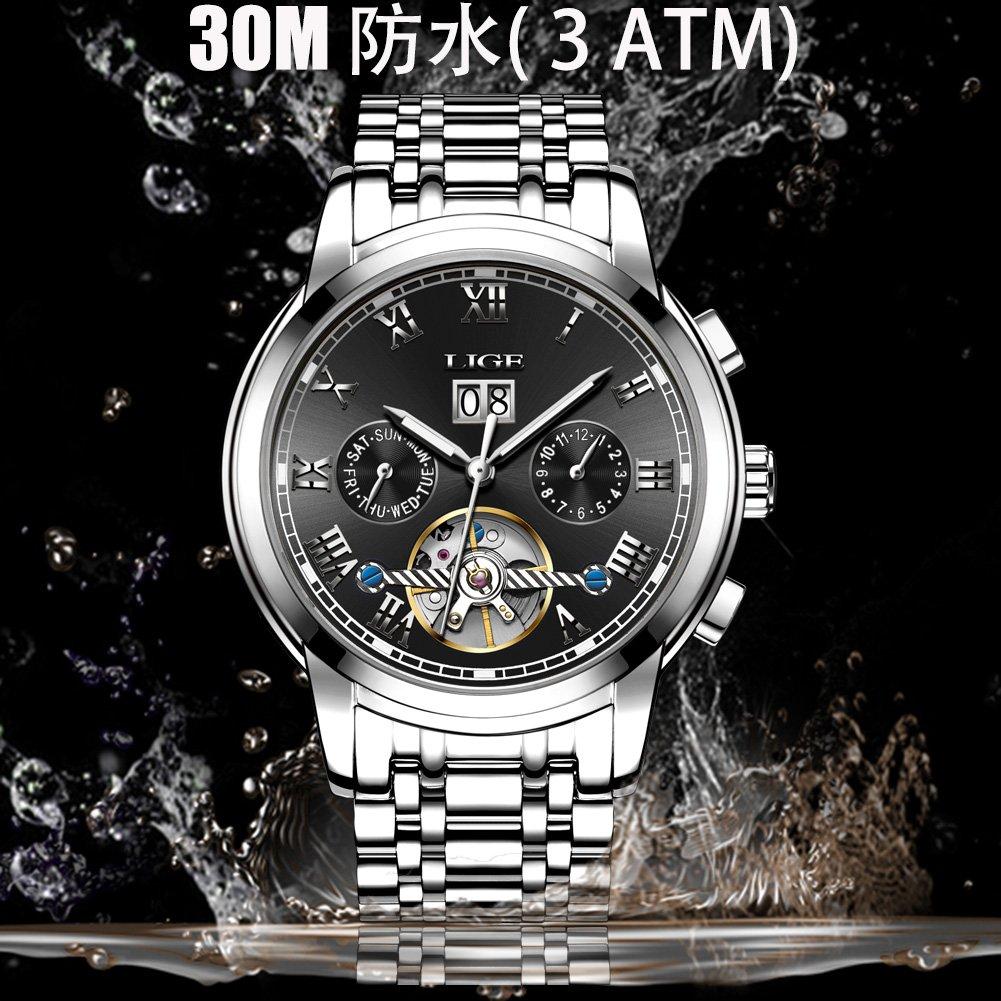 Механические часы LIGE из нержавеющей стали с автоматическим механизмом, водонепроницаемые, глубина 30 м, дисплей даты, деловые, повседневные, аналоговые, с полым маховиком, серебристые