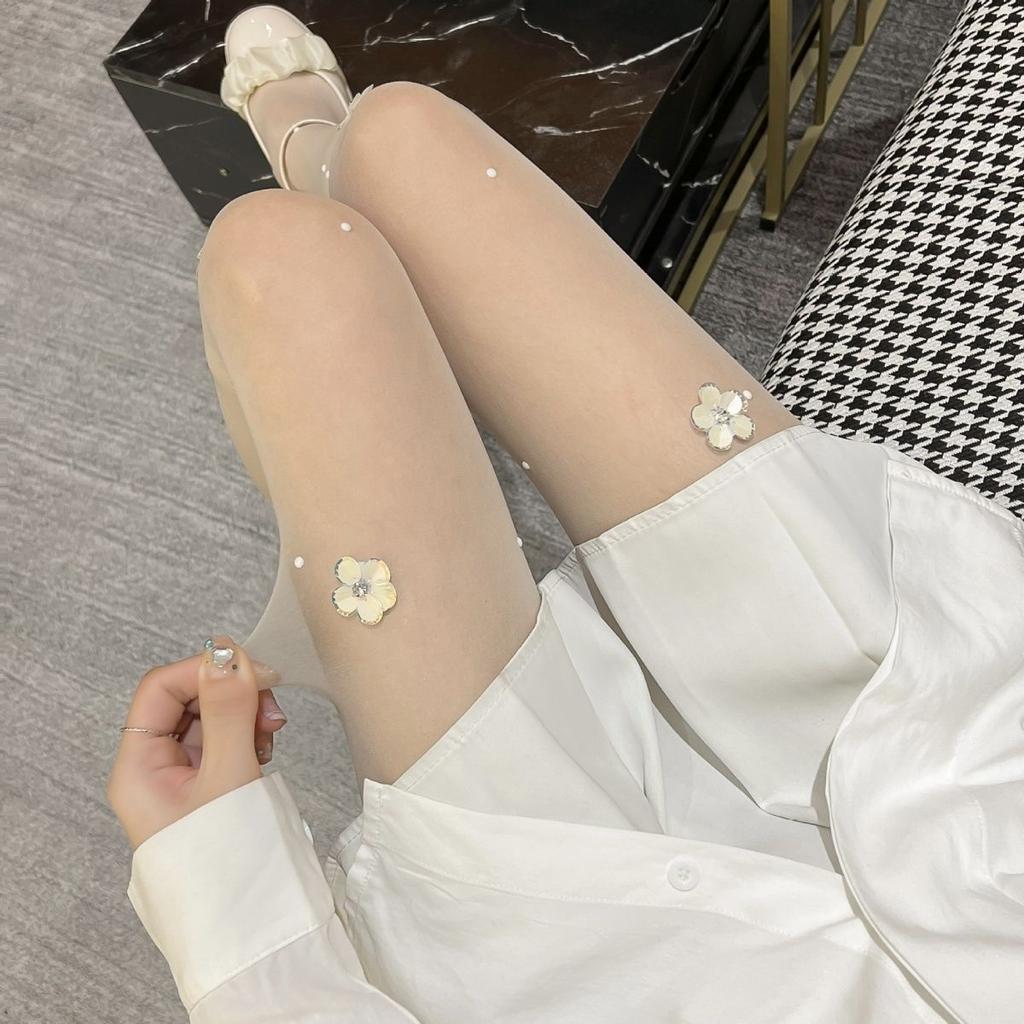 Молочно-белые колготки для женщин с цветочным узором, чулки против затяжек со стразами