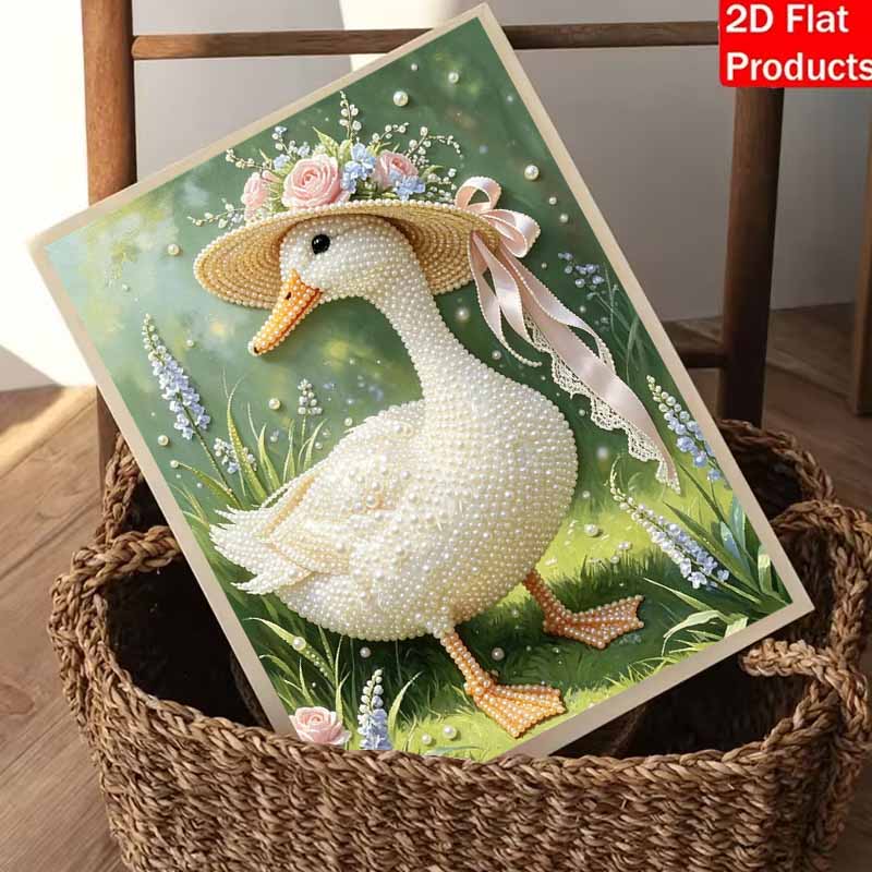 Pearl painting kit features elegant duck with floral hat 5D pearls mosaic art style home wall decoration.
