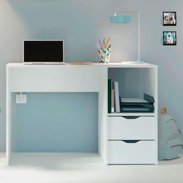 Bureau, Table Informatique, 76x115x50cm, 2 Tiroirs, Poste de Travail, Chambre Briebe Prakt Blanc 04285