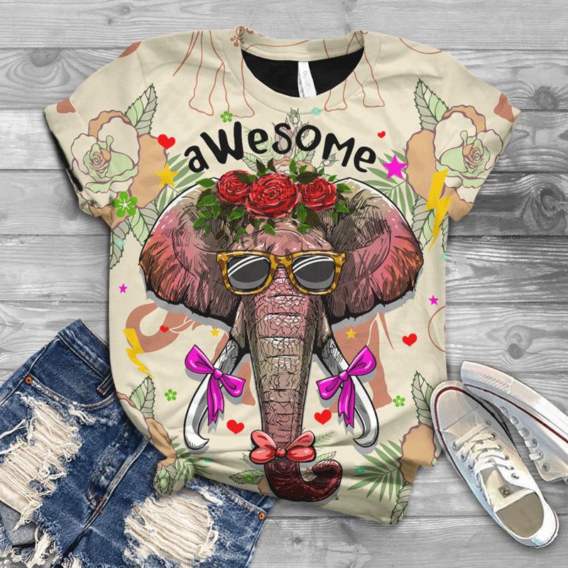 Летняя новая мужская и женская футболка с круглым вырезом и короткими рукавами с принтом слона 3D, свободная футболка для пары