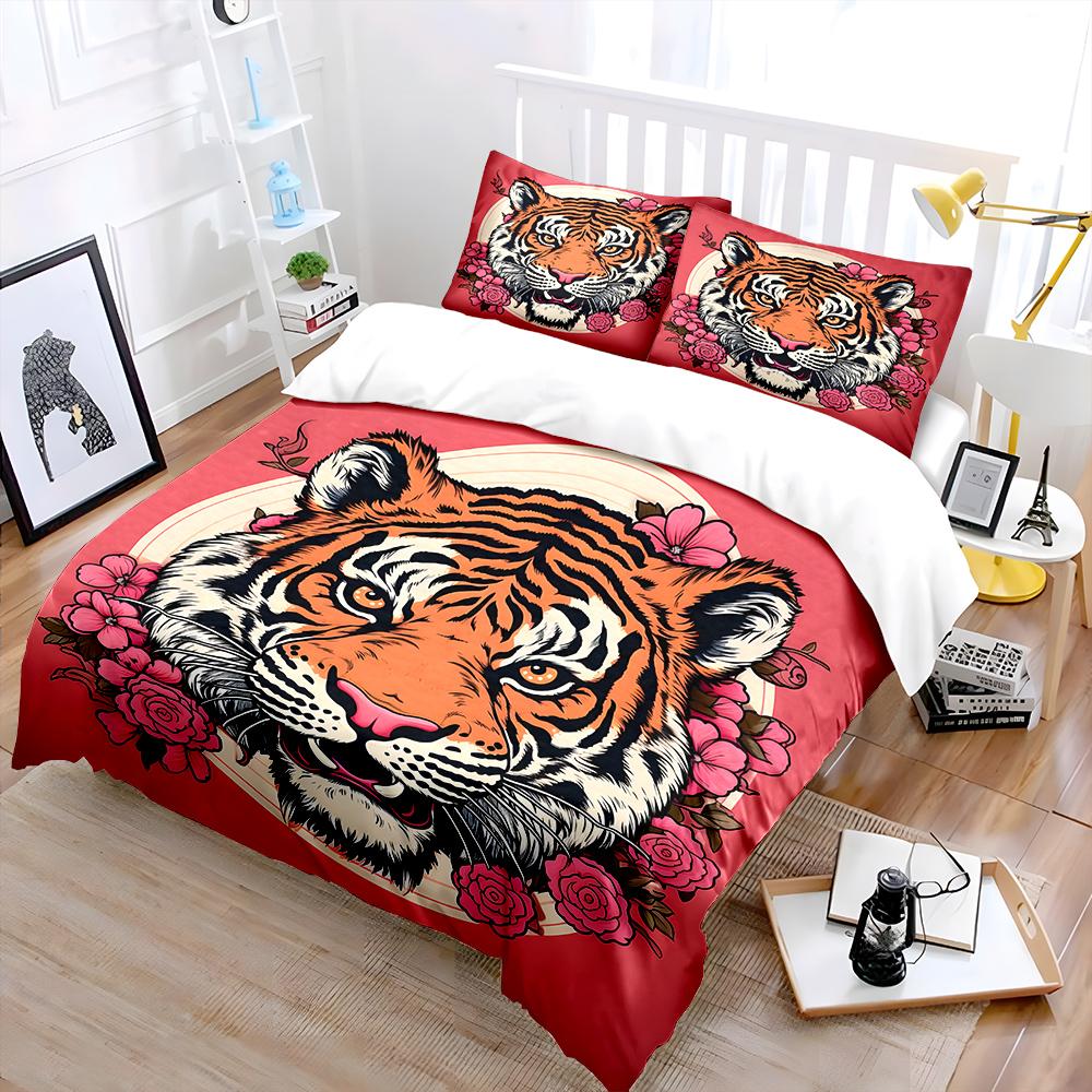 Tiger Surrounded by Pink Flowers Print Soft Comfortable Duvet Cover Bedding Set Included 1*Duvet Cover  2*Pillowcases