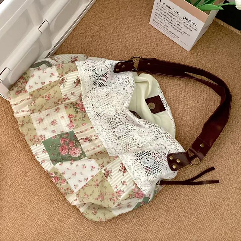 Цветочная Пэчворк Холщовая Сумка Через Плечо Винтажная Отделка Кружевом Хобо Сумка Большая Вместимость Для Поездок На Работу И Путешествий Женская Легкая Сумка