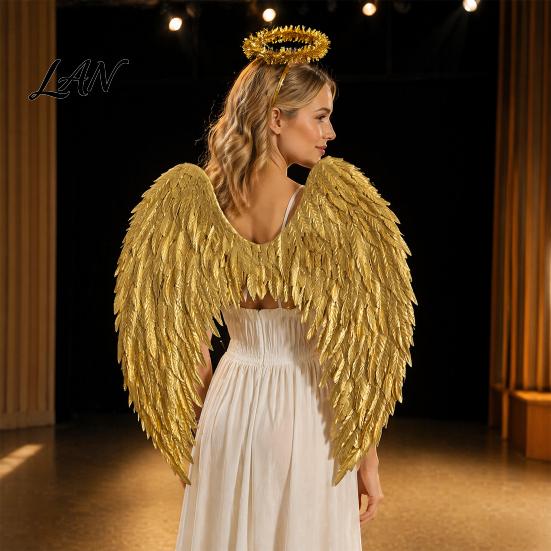 Dark Guardian Angel Wings Costume for Kids, Feathered Wing Dress Up Elastic Strap Cosplay Accessory Fancy Dress, Halloween Party, Performance