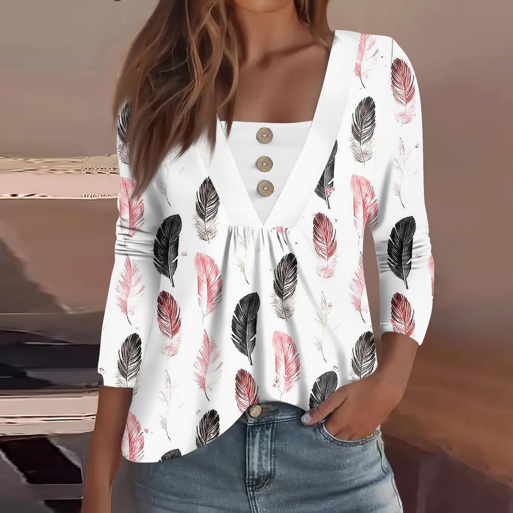 Women's Fashion Casual Long Sleeve Shirt Floral Printed Button V Neck Up Tops