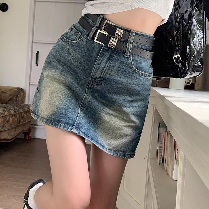 2024 Ретро корейский стиль юбка-трапеция с заниженной талией джинсовая юбка для женщин