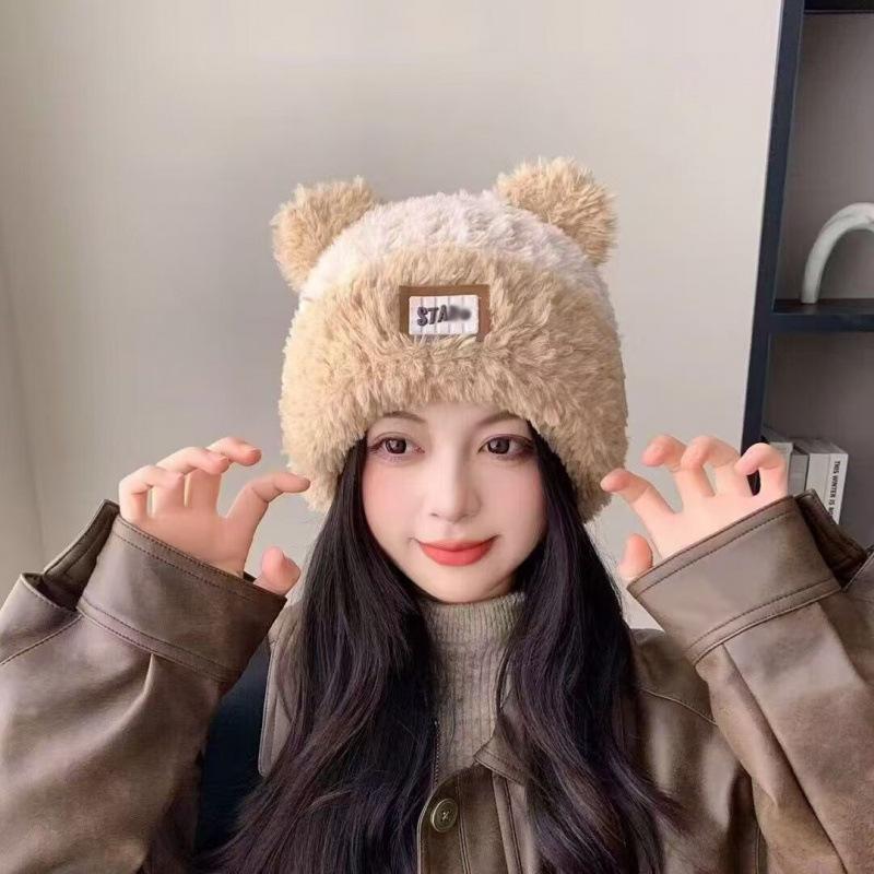 Hat Female Autumn and Winter Warm Knitted Wool Snow Hat Cycling Mother Fashion Ear Protection Headgear Scarf Integrated Hat