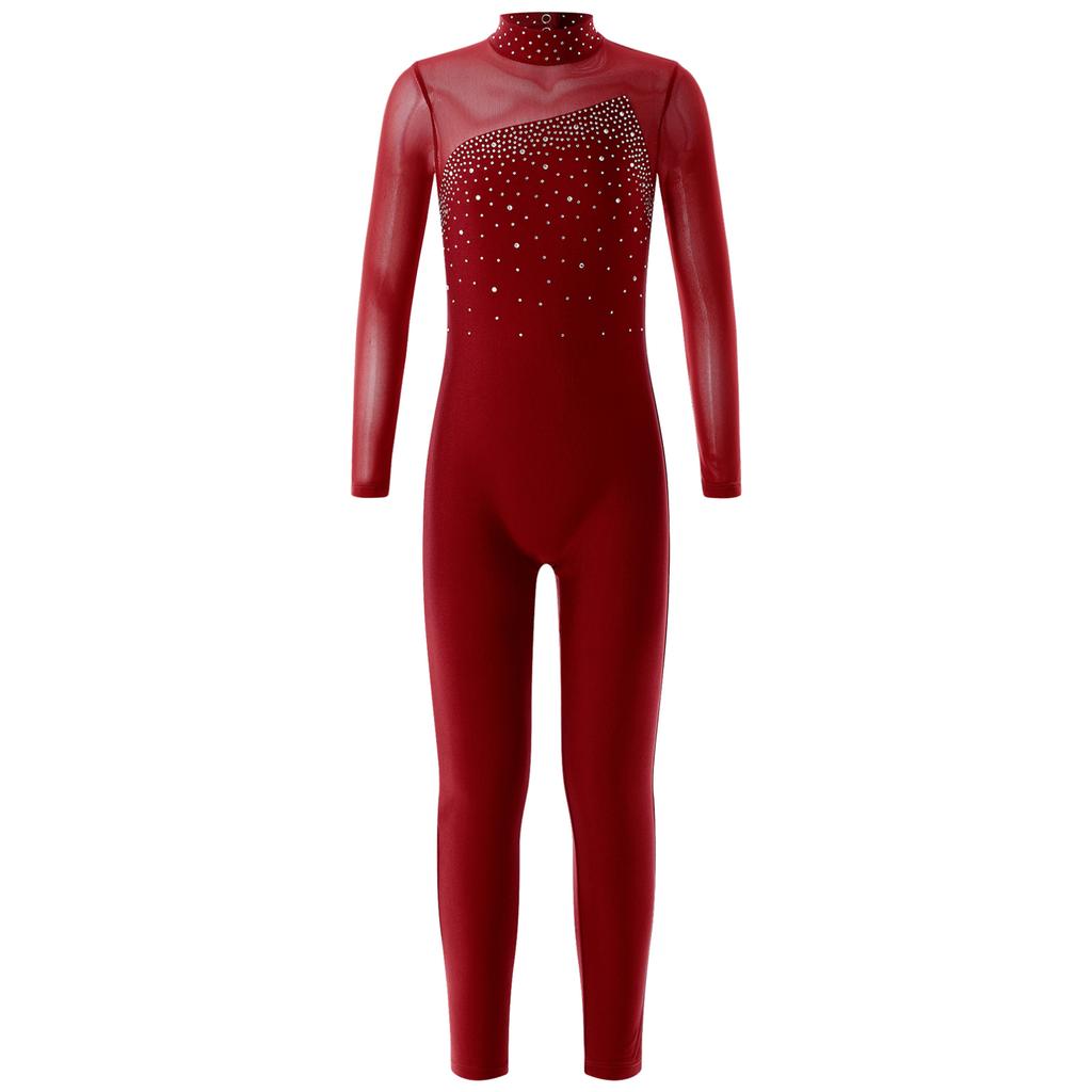 Kids Girls Long Sleeve Shiny Rhinestone Hollow Back Skating Leotard One Piece Gymnastic Jumpsuit