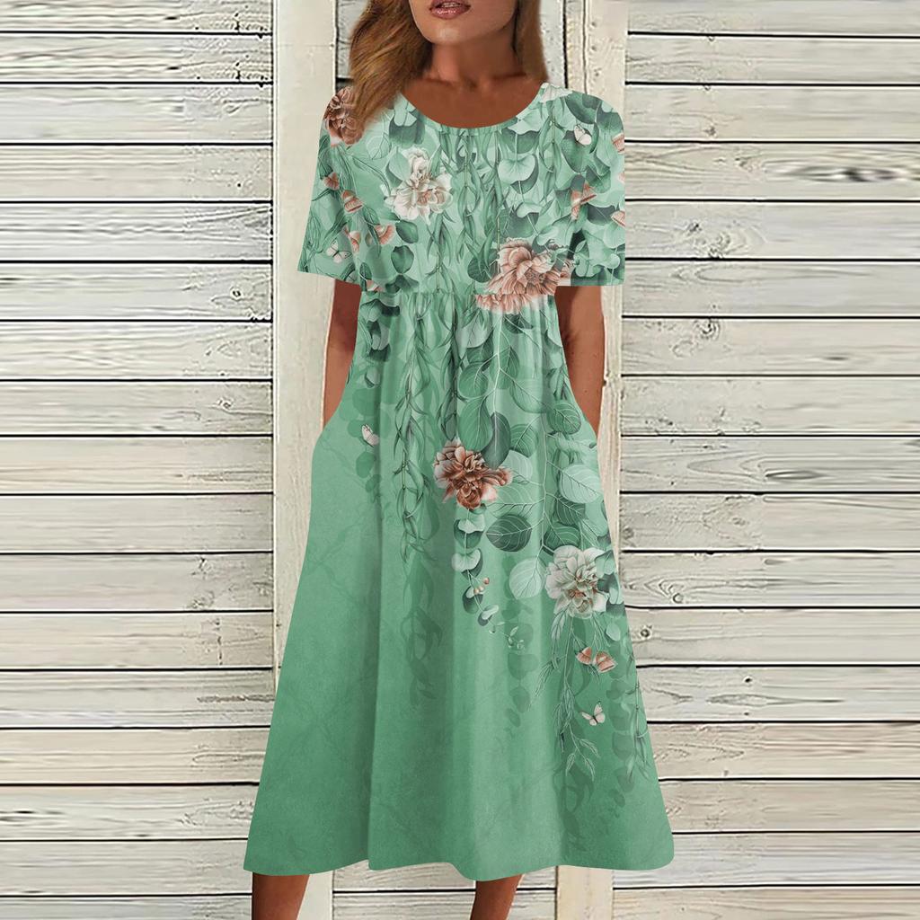 Women's Casual Dresses Printed Dresses Summer Dresses Printed Pleated Round Neck Midi Dresses Basic Classic Outdoor Daily Short Sleeve Loose Dresses