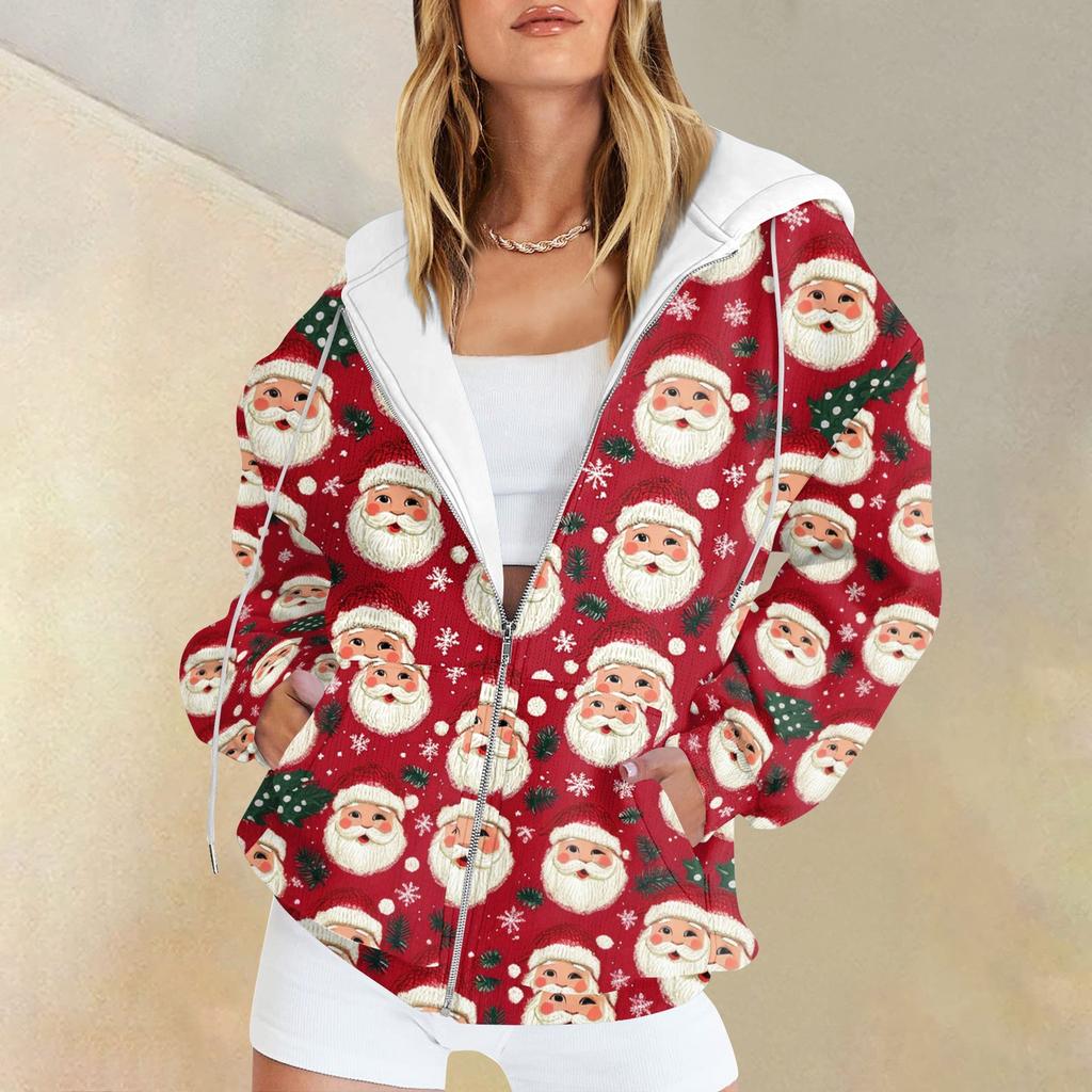 Ladies Fashion Casual Christmas Print Sweatshirt Autumn Winter Long Sleeve Cardigan Jacket With Pocket Zipper Hoodie Jacket