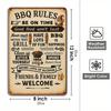 Vintage BBQ Rules Metal Sign (20x30 Cm). Rustic Iron Wall Decor with Humorous Art for Home Bar, Patio, or Restaurant.