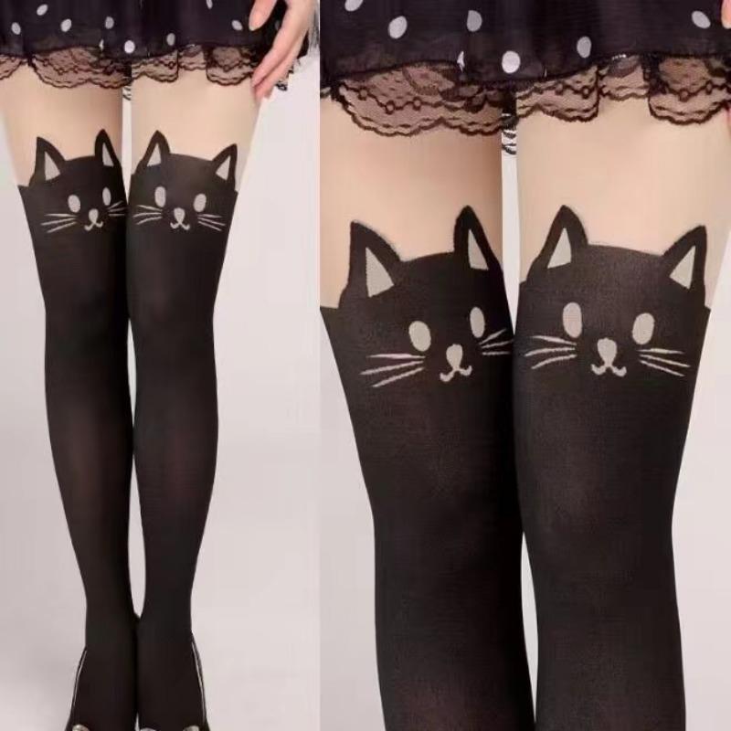 Women Cute Black Cat Printed Silk Knee Socks Casual Thigh Cotton Warm High Over Knee Socks Cute Romantic Socks Lady Cat