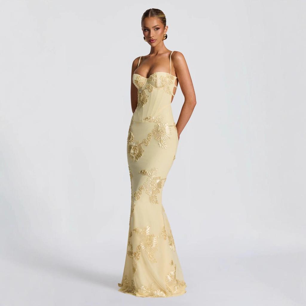 Женское strapless вышитое цветочное облегающее длинное платье Желтое вечернее платье