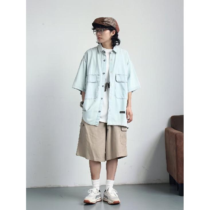 Рубашка с коротким рукавом в стиле ретро из джинсовой ткани, летняя модная мужская и женская марка, японский ретро-тренд с коротким рукавом, классная и свободная рубашка