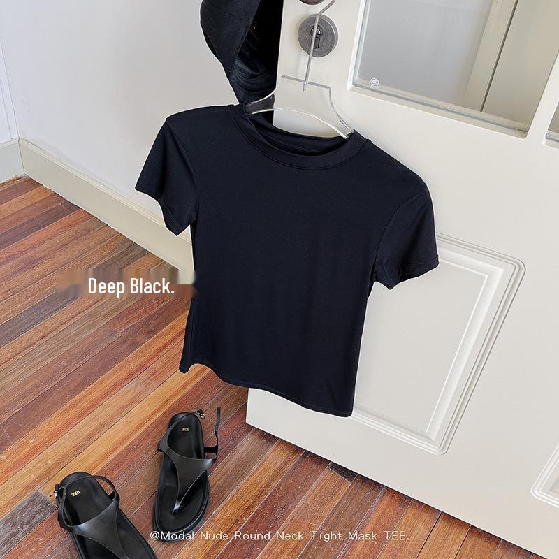 Женская приталенная футболка с коротким рукавом и круглым вырезом - Ощущение обнаженности, Прямое плечо, Удобная посадка